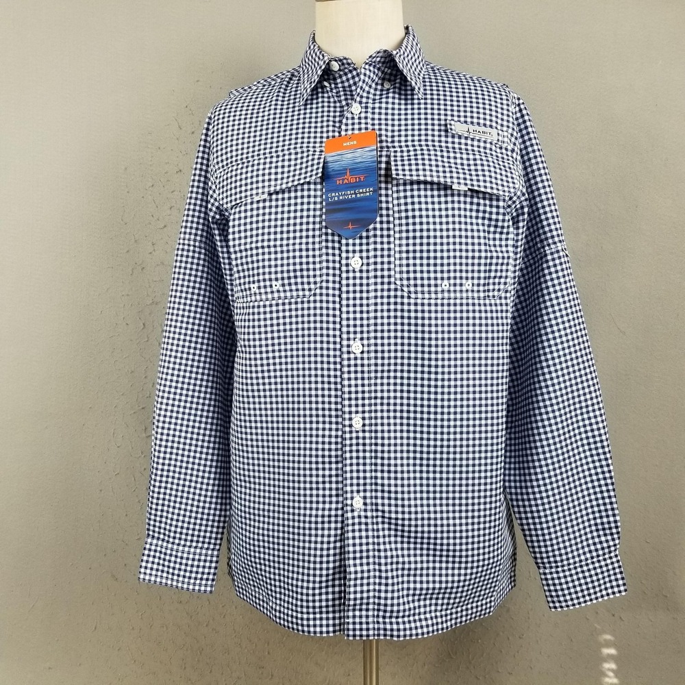 Habit‎ Crayfish Creek River Shirt Mens Small Blue Check Long Sleeve Fishing UPF